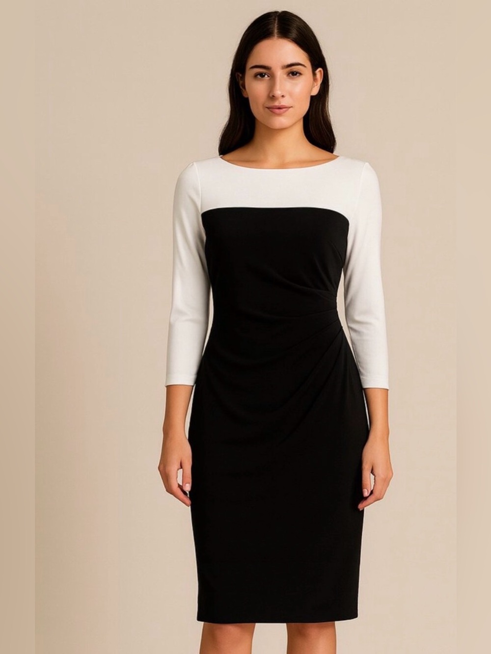 Chaps Black and White Asymmetrical Long-Sleeve Dress